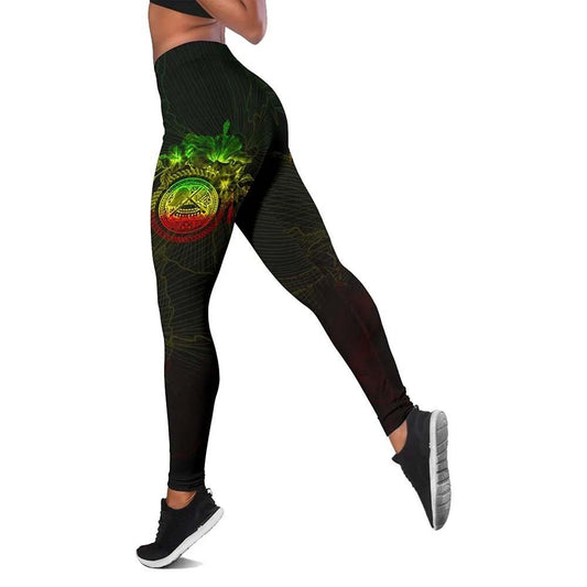 American Samoa Polynesian Legging - Reggae Turtle Hibiscus Flower Frame Vintage