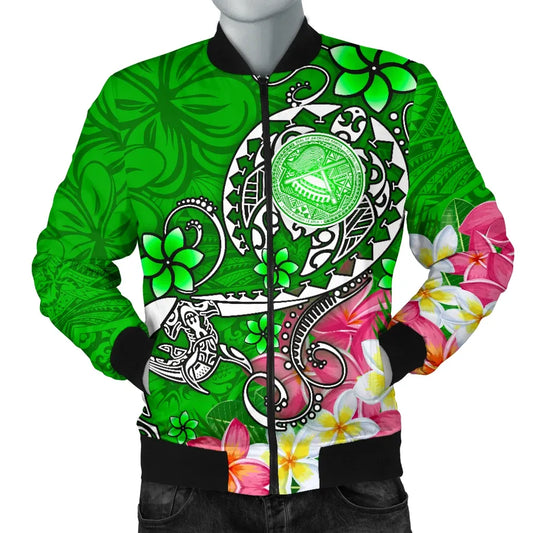 American Samoa Polynesian Bomber Jacket - Turtle Plumeria (Green)