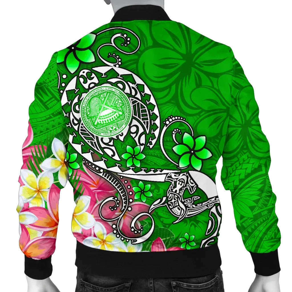 American Samoa Polynesian Bomber Jacket - Turtle Plumeria (Green)