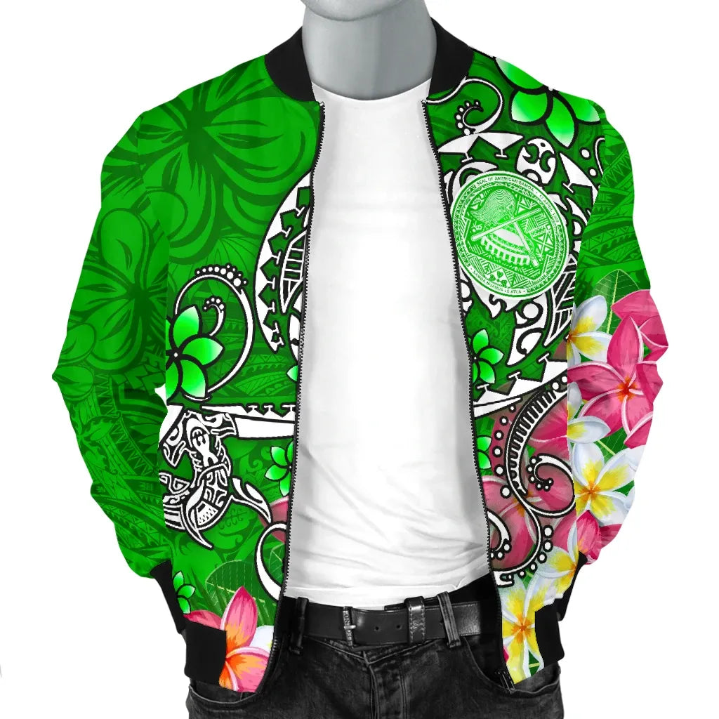 American Samoa Polynesian Bomber Jacket - Turtle Plumeria (Green)