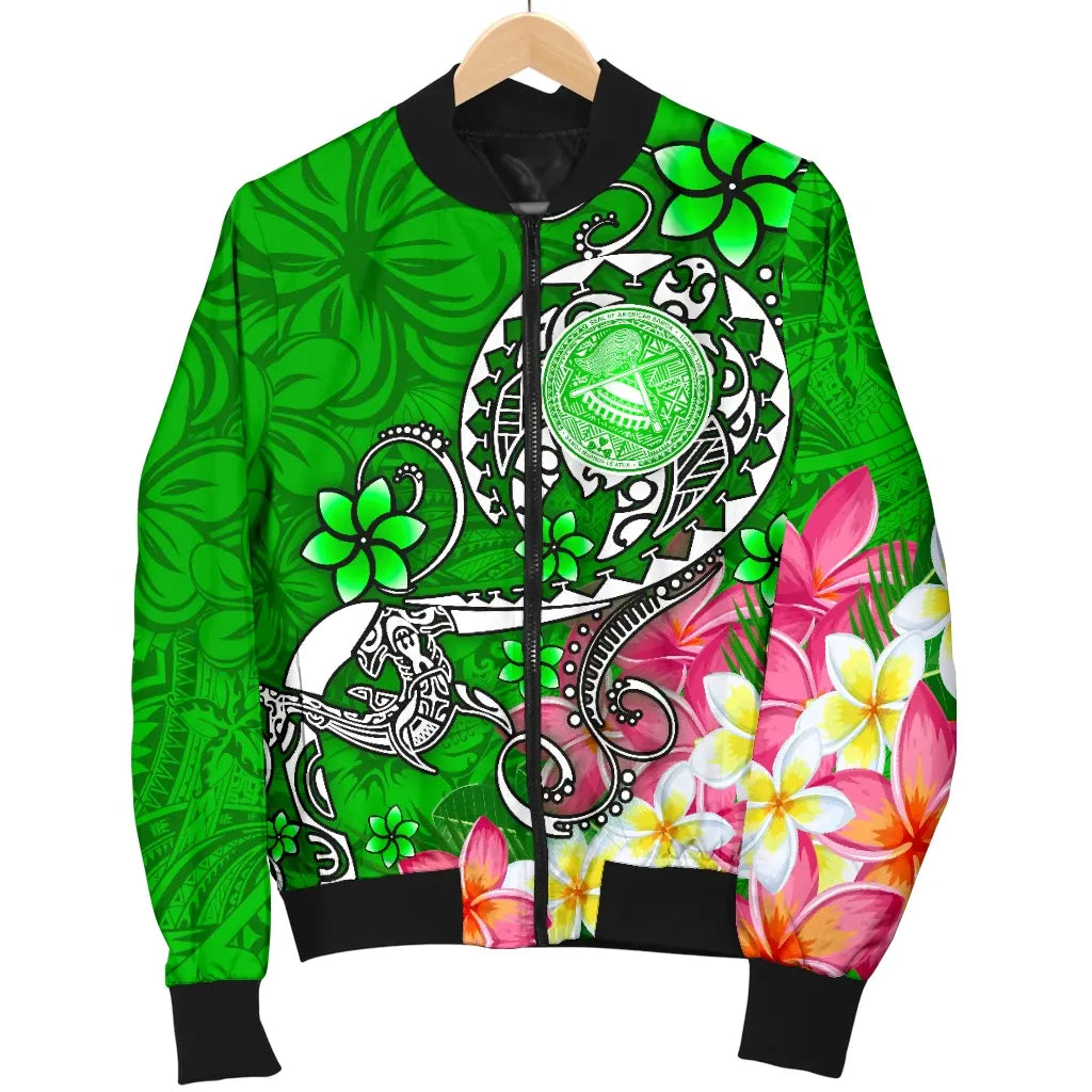 American Samoa Polynesian Bomber Jacket - Turtle Plumeria (Green)