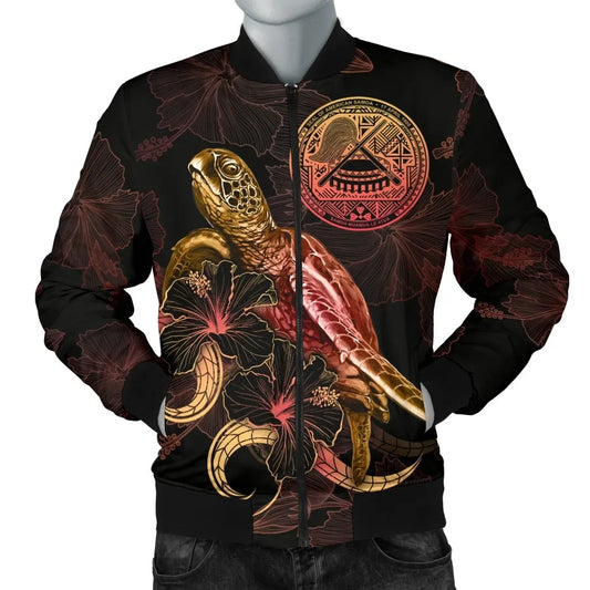American Samoa Polynesian Bomber Jacket - Turtle With Blooming Hibiscus Gold