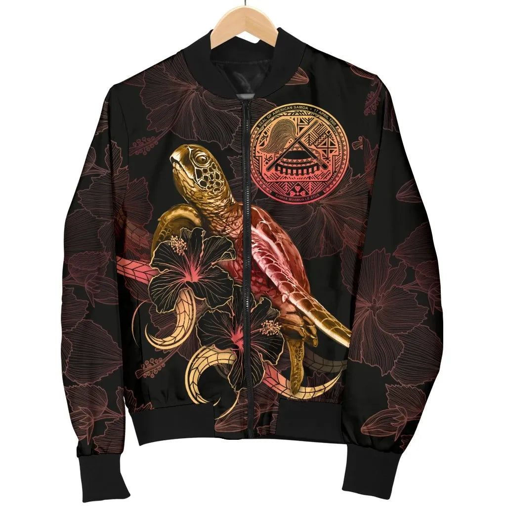 American Samoa Polynesian Bomber Jacket - Turtle With Blooming Hibiscus Gold