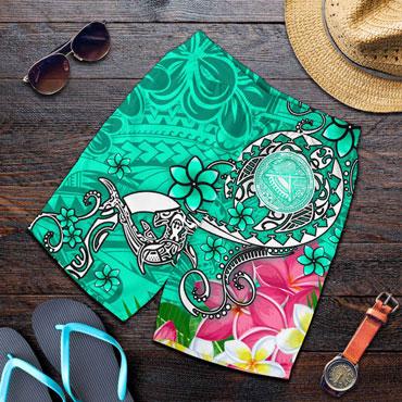 American Samoa Polynesian Men Shorts - Turtle Plumeria (Turquoise)