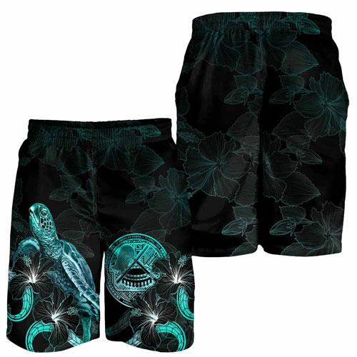 American Samoa Polynesian Men Shorts - Turtle With Blooming Hibiscus Turquoise