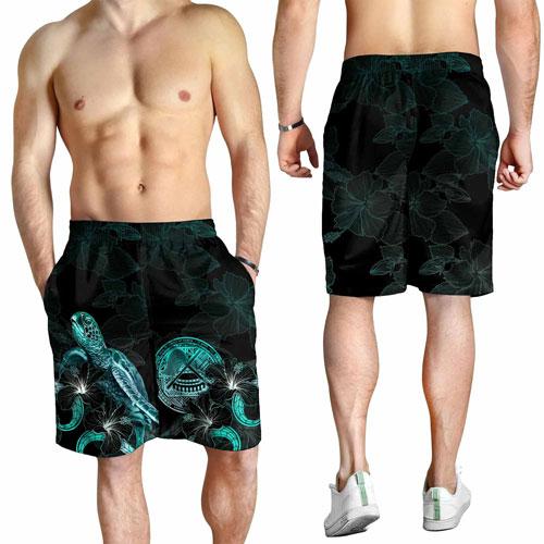 American Samoa Polynesian Men Shorts - Turtle With Blooming Hibiscus Turquoise