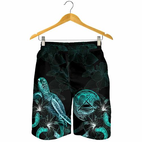 American Samoa Polynesian Men Shorts - Turtle With Blooming Hibiscus Turquoise