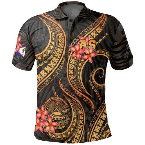 American Samoa Polo Shirt - American Samoa Flag Seal Tentacle Plumeria Black Gold