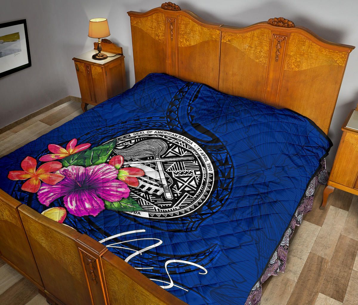 American Samoa Polynesian Premium Quilt - Floral With Seal Blue