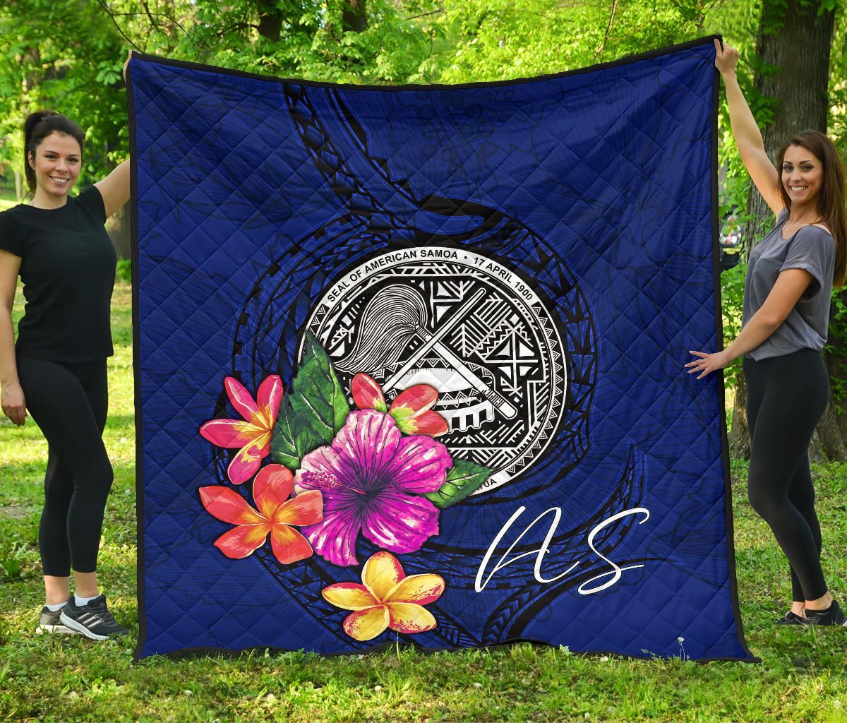 American Samoa Polynesian Premium Quilt - Floral With Seal Blue