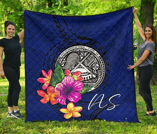 American Samoa Polynesian Premium Quilt - Floral With Seal Blue