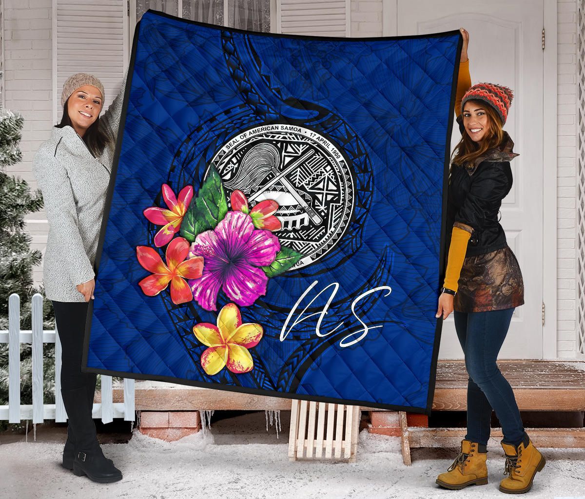 American Samoa Polynesian Premium Quilt - Floral With Seal Blue