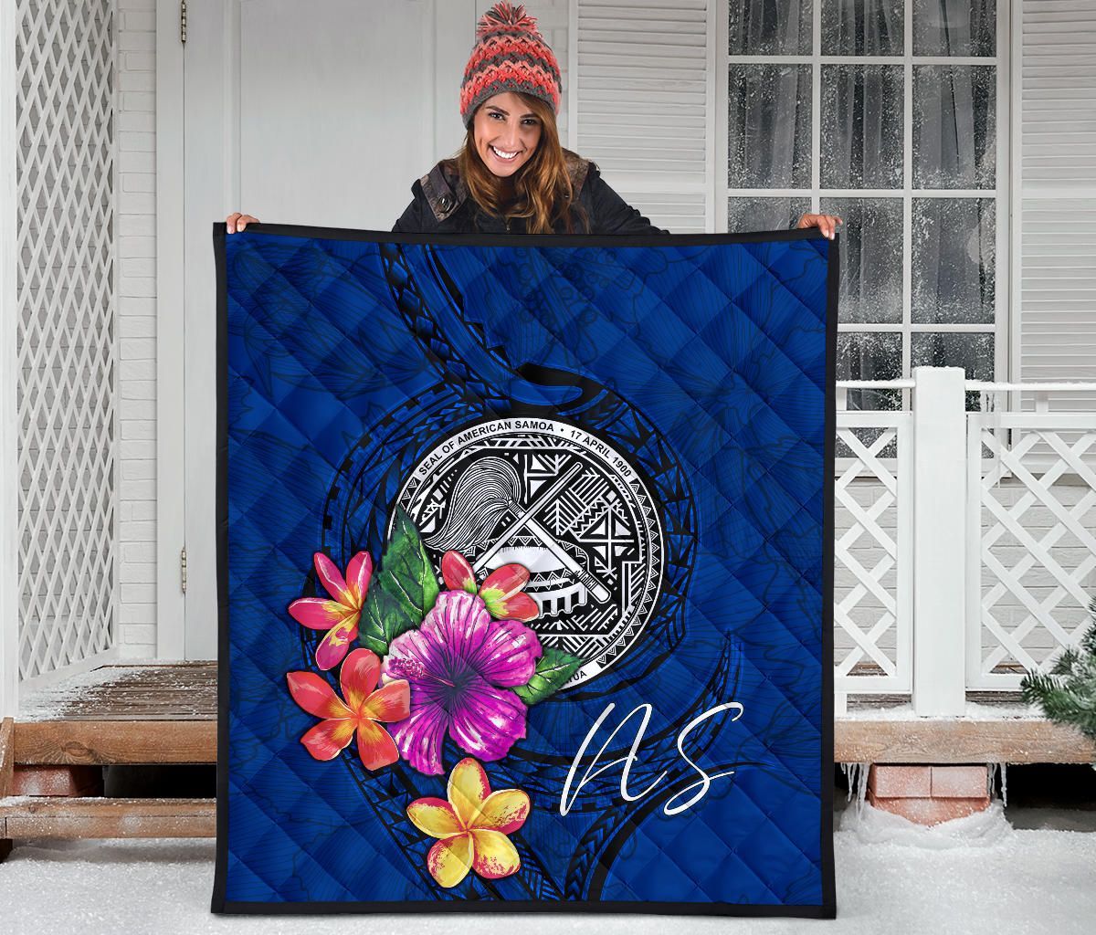 American Samoa Polynesian Premium Quilt - Floral With Seal Blue