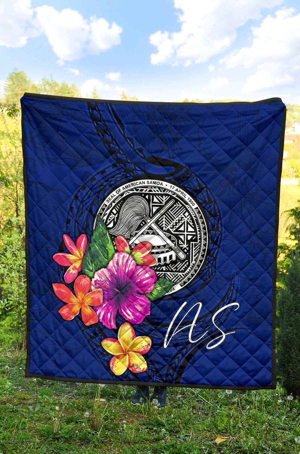 American Samoa Polynesian Premium Quilt - Floral With Seal Blue