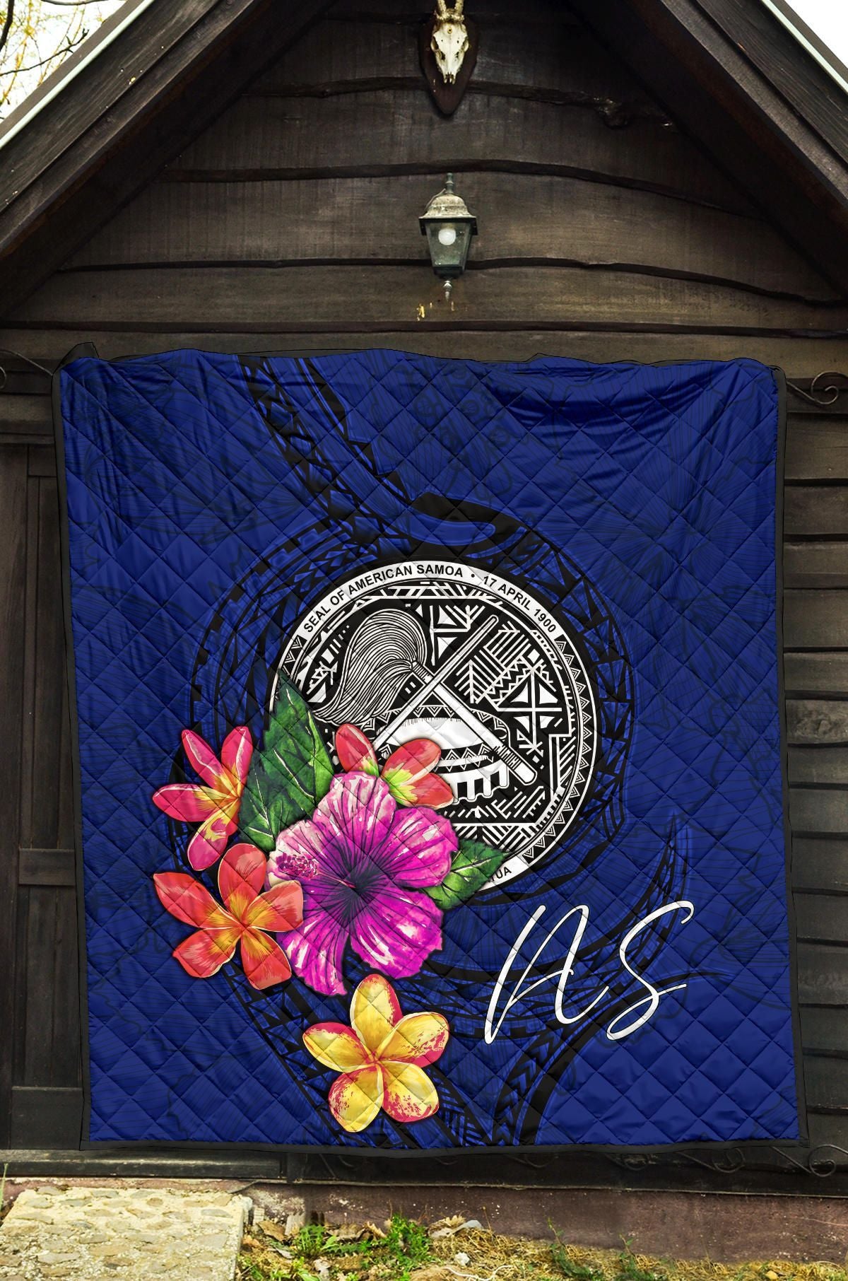 American Samoa Polynesian Premium Quilt - Floral With Seal Blue