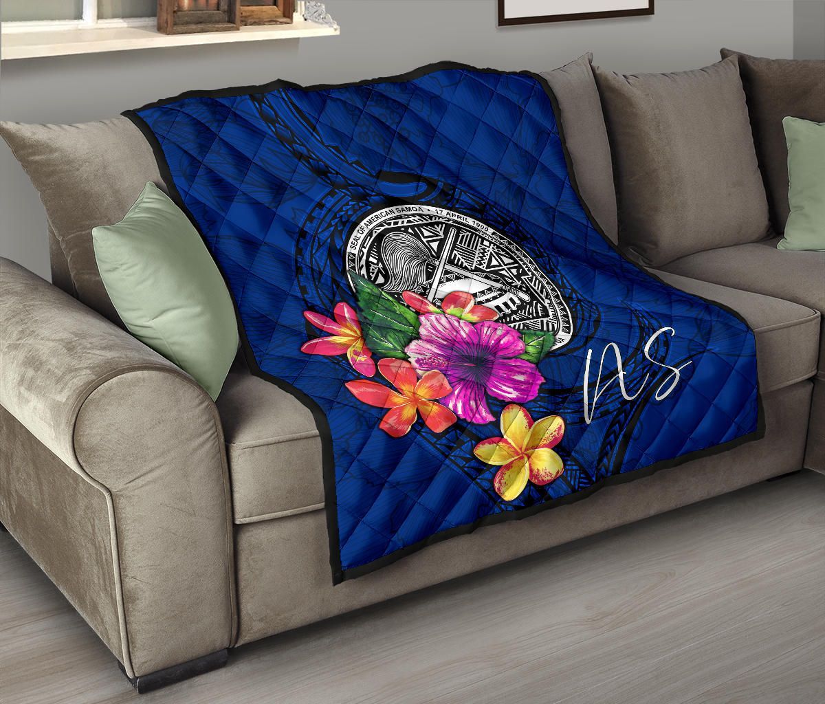 American Samoa Polynesian Premium Quilt - Floral With Seal Blue