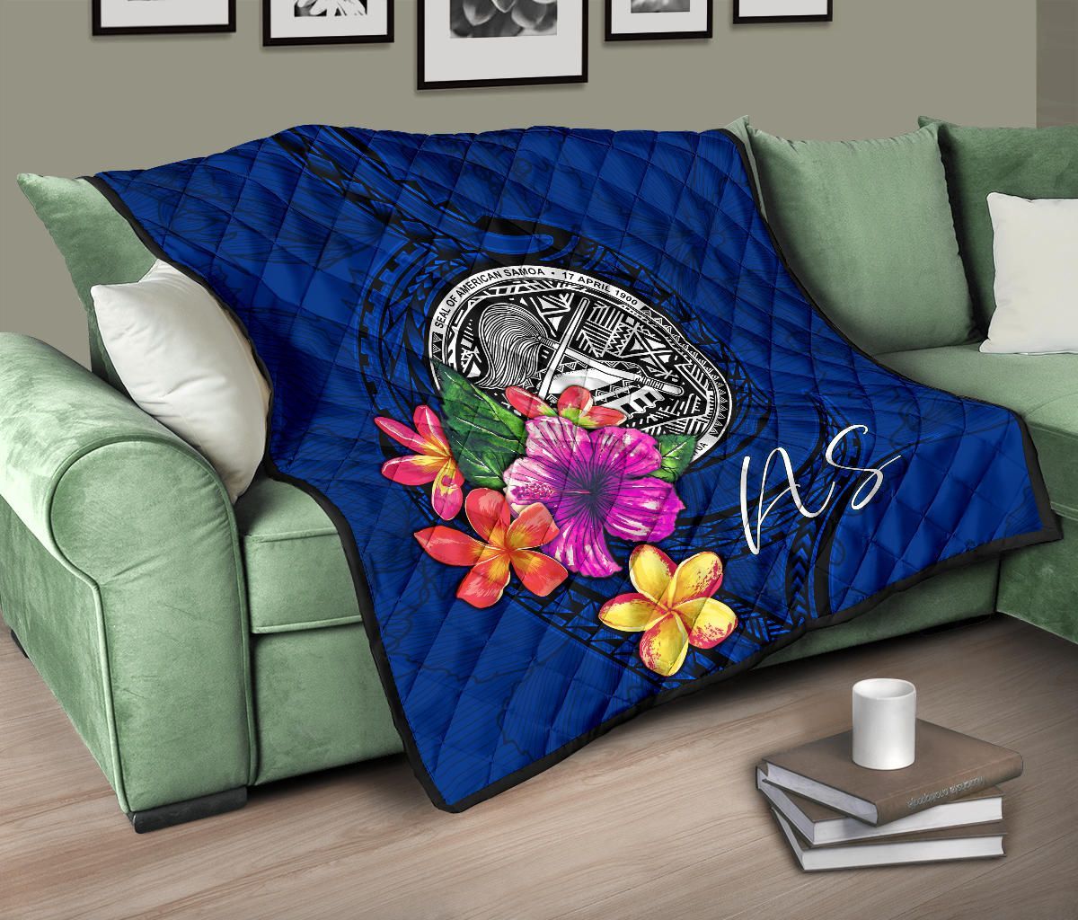 American Samoa Polynesian Premium Quilt - Floral With Seal Blue