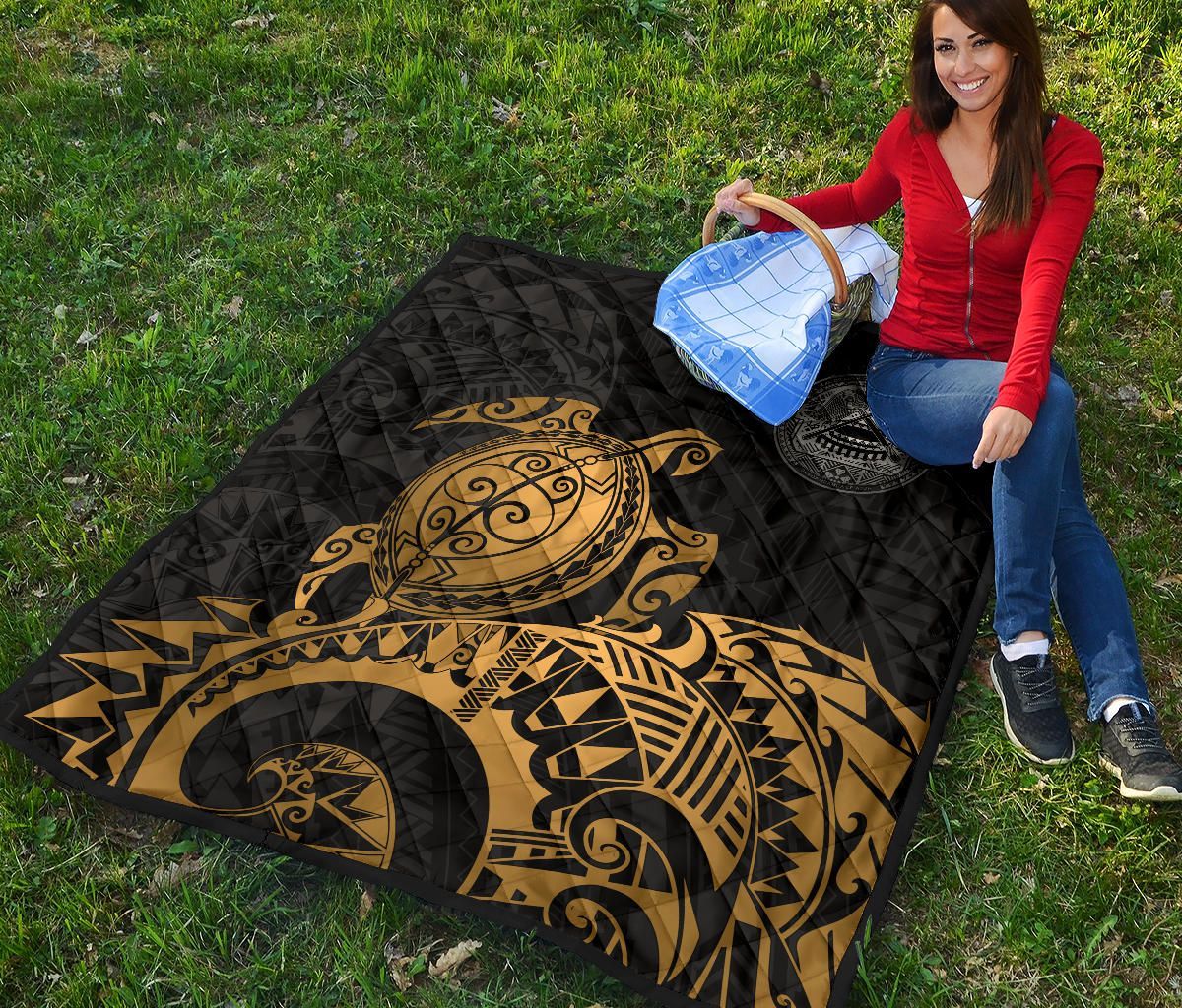 American Samoa Polynesian Premium Quilt - Polynesian Turtle Golden