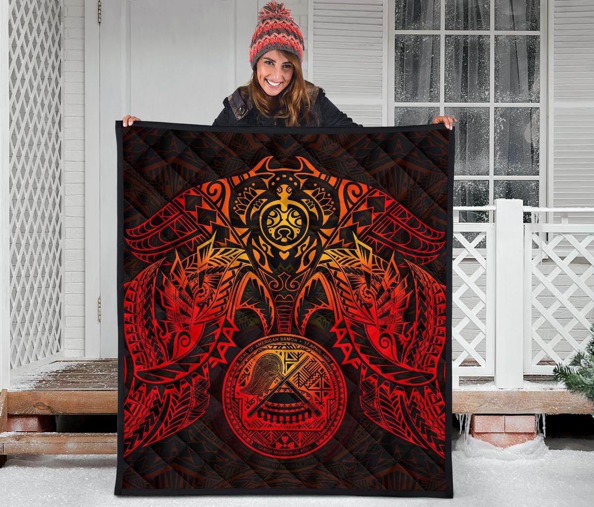 American Samoa Polynesian Premium Quilt - American Samoa Seal Turtle Manta Ray Red Style