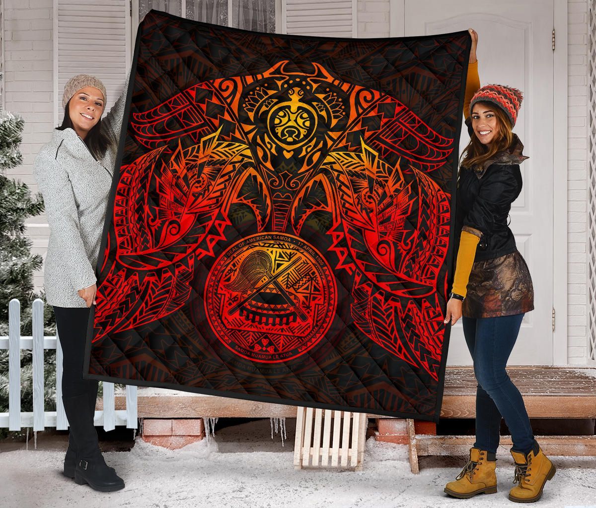 American Samoa Polynesian Premium Quilt - American Samoa Seal Turtle Manta Ray Red Style
