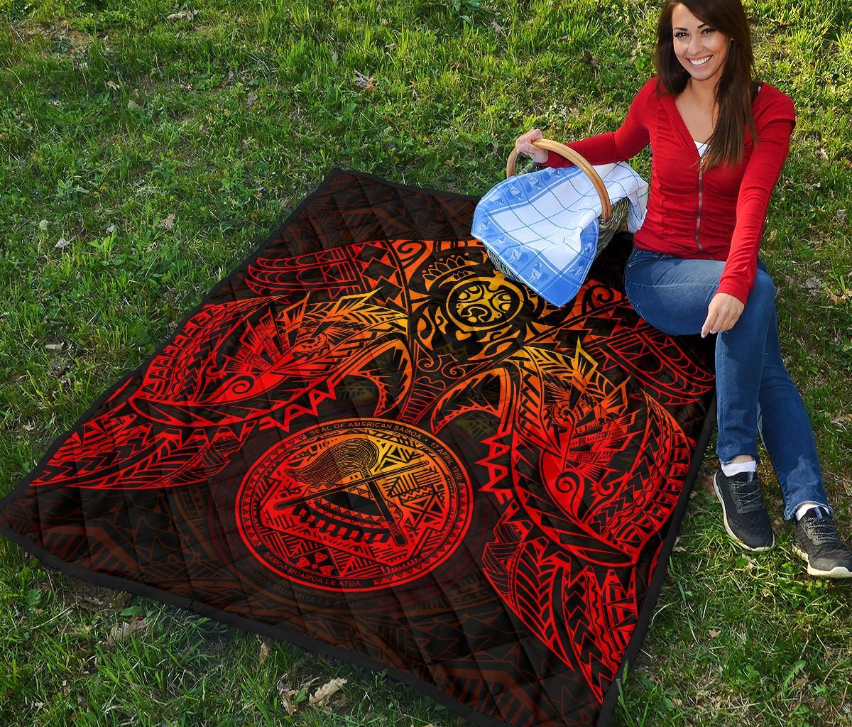 American Samoa Polynesian Premium Quilt - American Samoa Seal Turtle Manta Ray Red Style