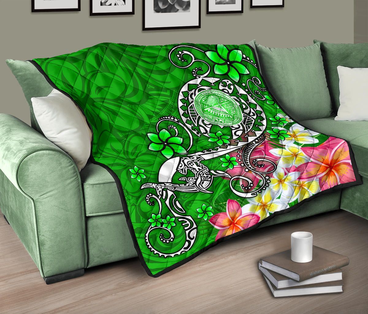 American Samoa Polynesian Premium Quilt - Turtle Plumeria (Green)