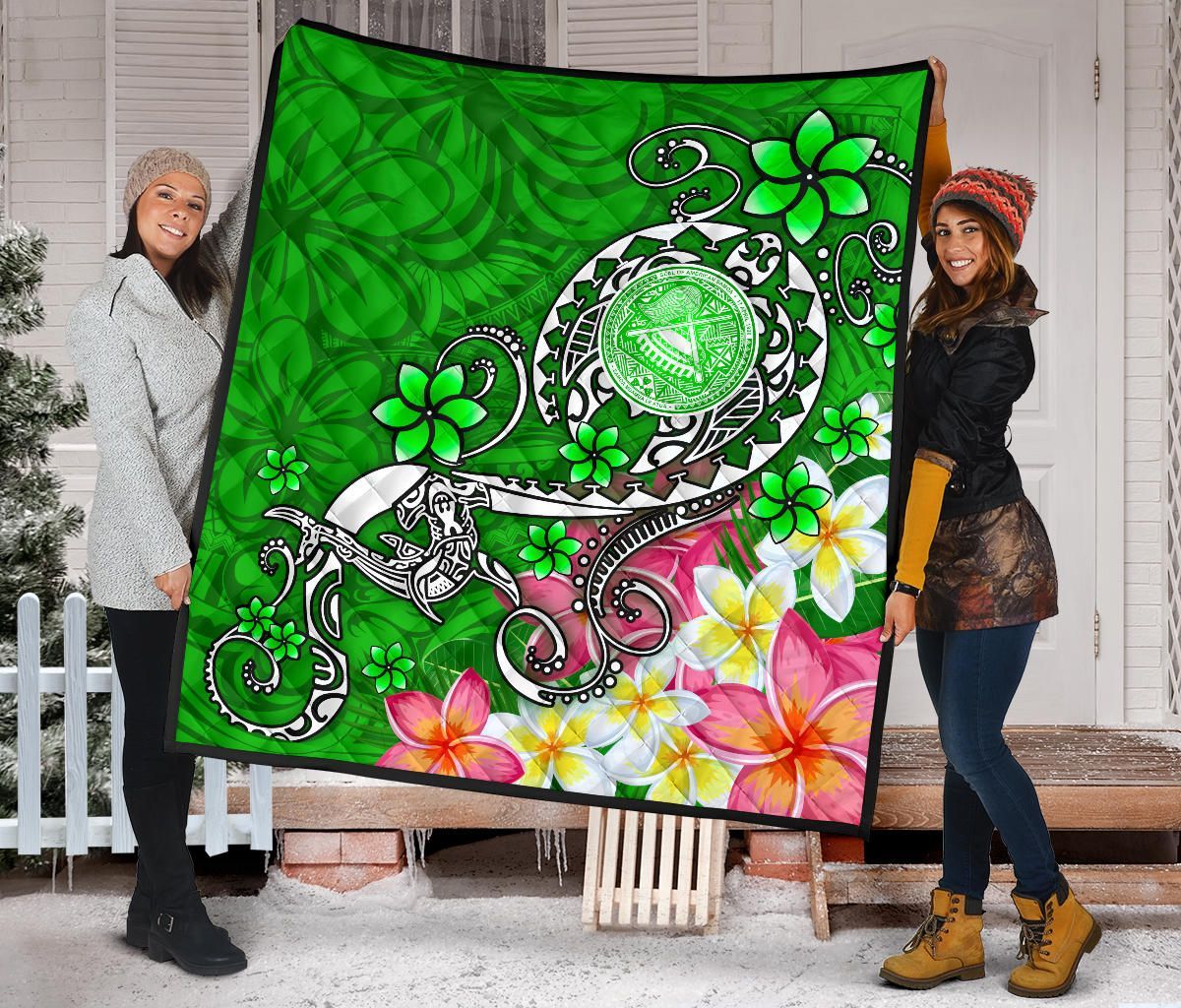 American Samoa Polynesian Premium Quilt - Turtle Plumeria (Green)
