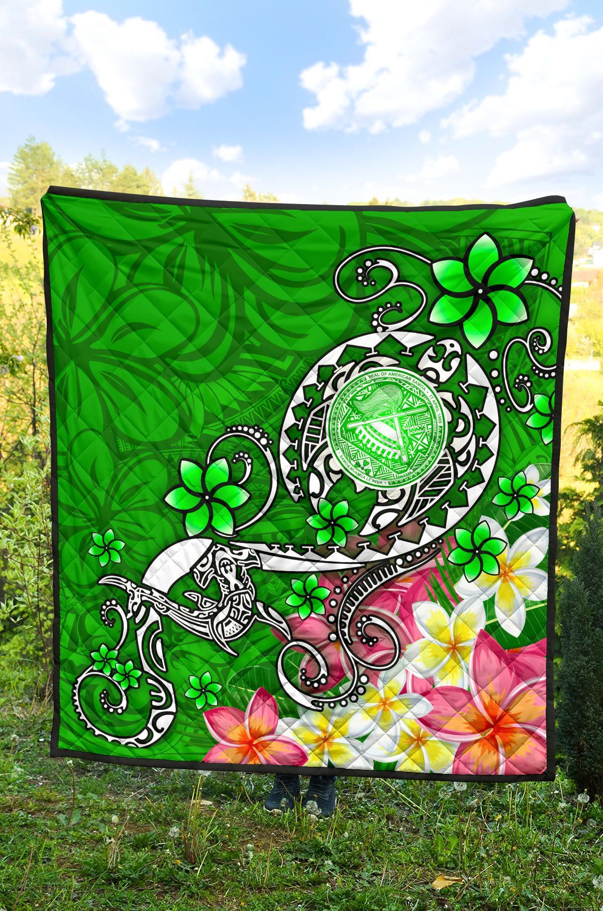 American Samoa Polynesian Premium Quilt - Turtle Plumeria (Green)