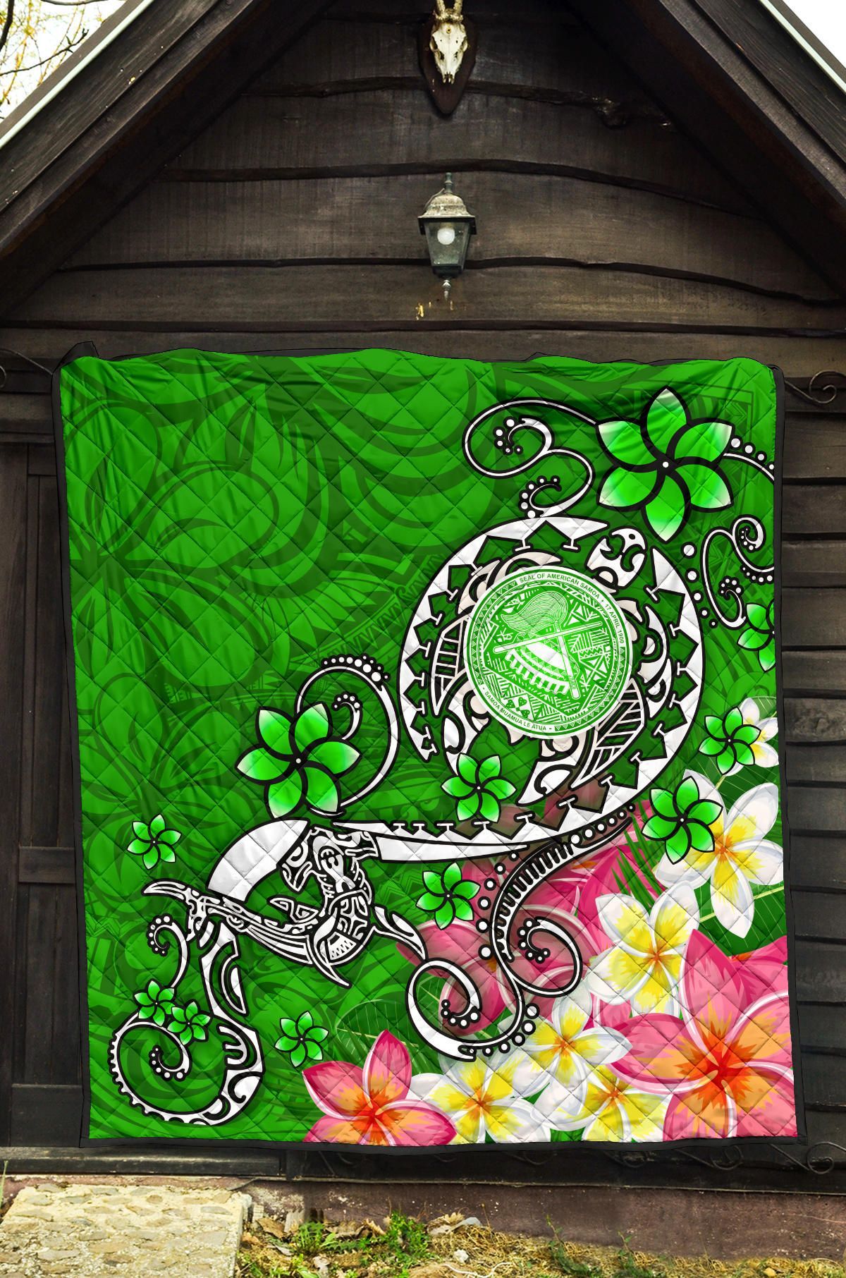 American Samoa Polynesian Premium Quilt - Turtle Plumeria (Green)