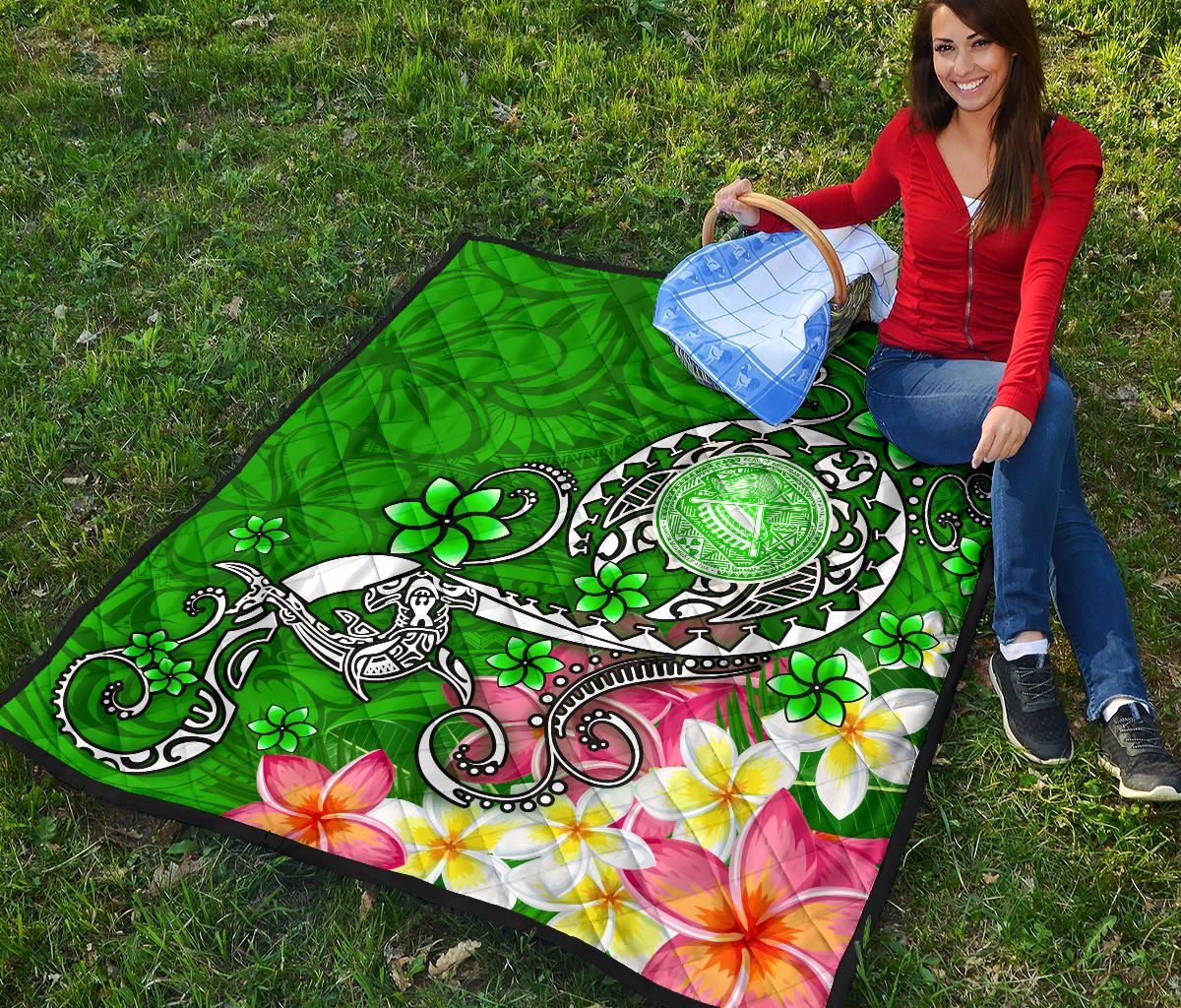 American Samoa Polynesian Premium Quilt - Turtle Plumeria (Green)