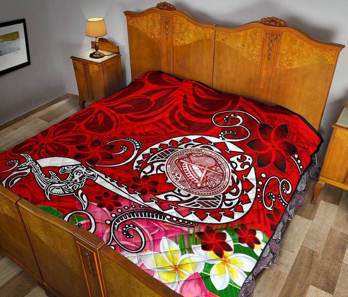 American Samoa Polynesian Premium Quilt - Turtle Plumeria (Red)