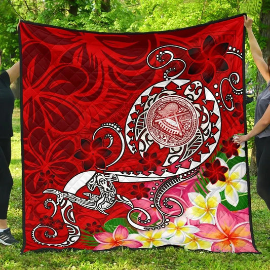 American Samoa Polynesian Premium Quilt - Turtle Plumeria (Red)