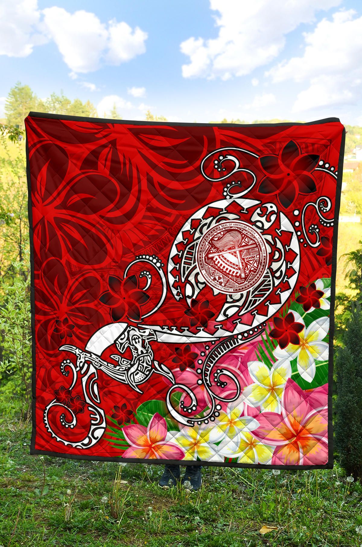 American Samoa Polynesian Premium Quilt - Turtle Plumeria (Red)
