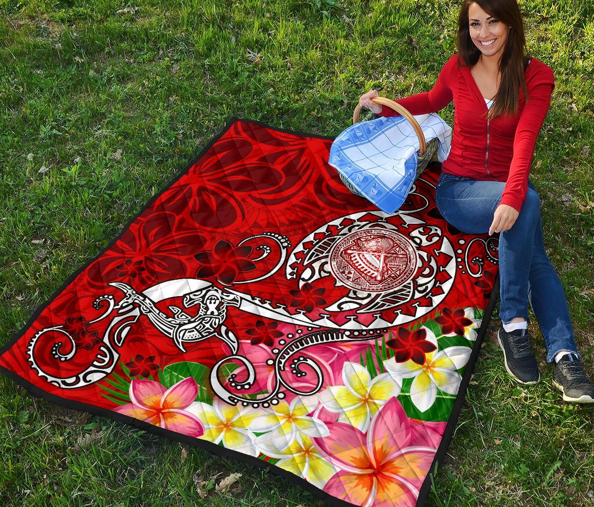 American Samoa Polynesian Premium Quilt - Turtle Plumeria (Red)