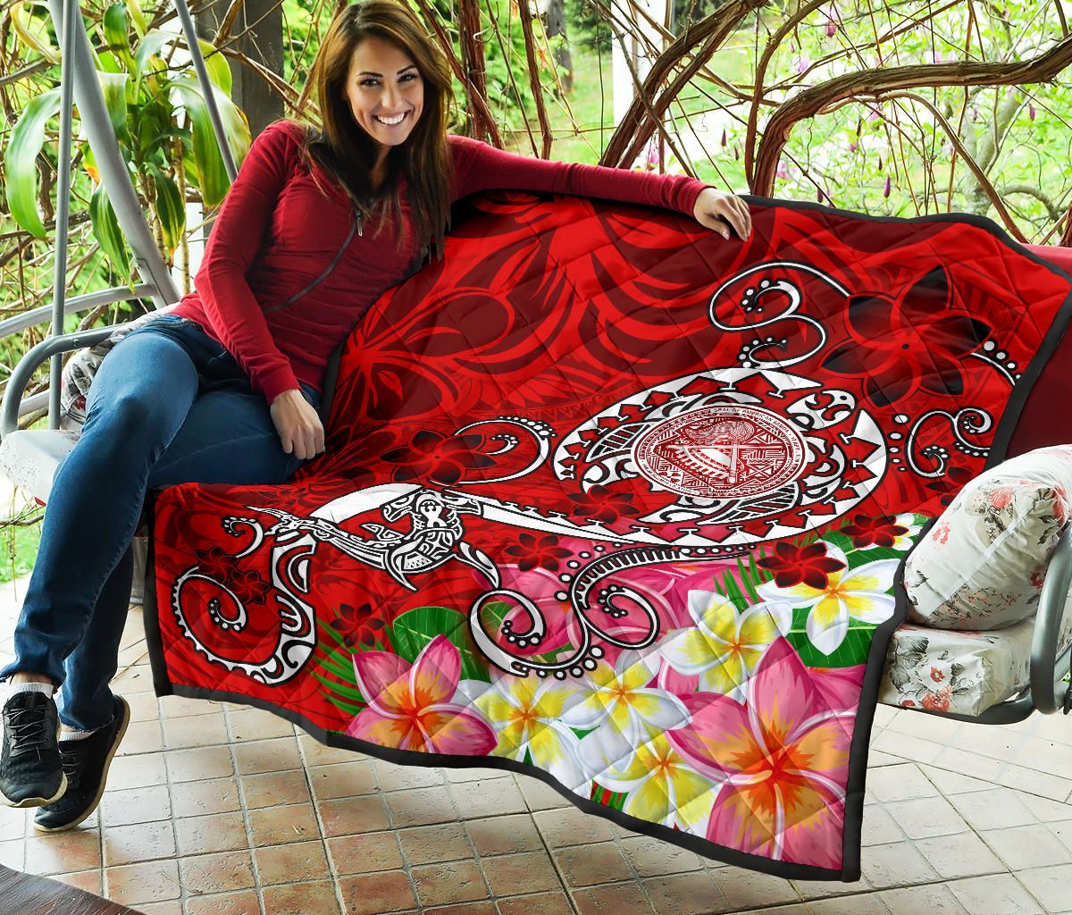 American Samoa Polynesian Premium Quilt - Turtle Plumeria (Red)