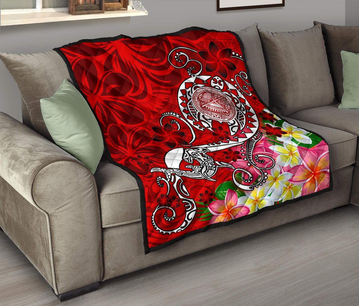 American Samoa Polynesian Premium Quilt - Turtle Plumeria (Red)