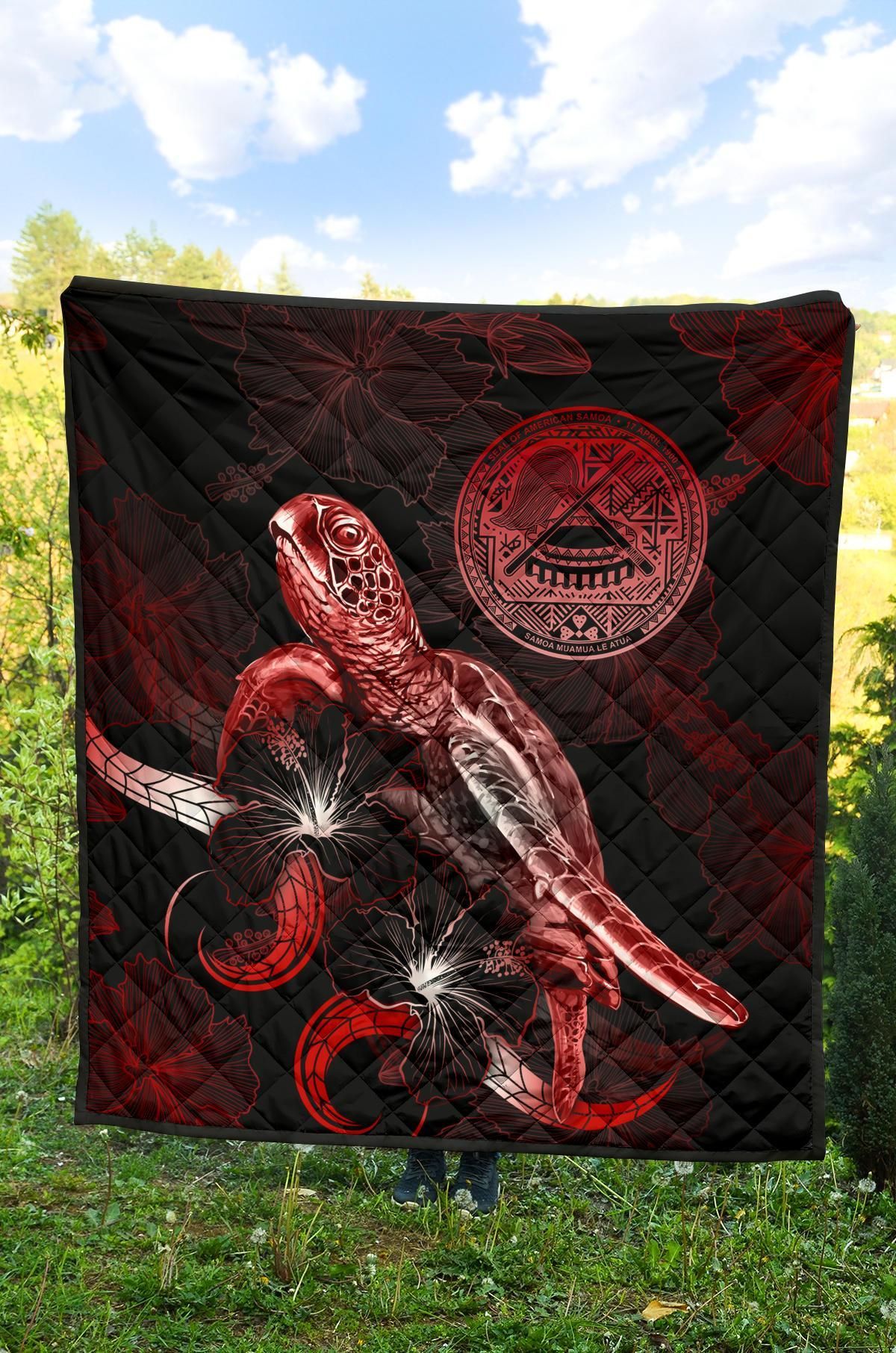 American Samoa Polynesian Premium Quilt - Turtle With Blooming Hibiscus Red