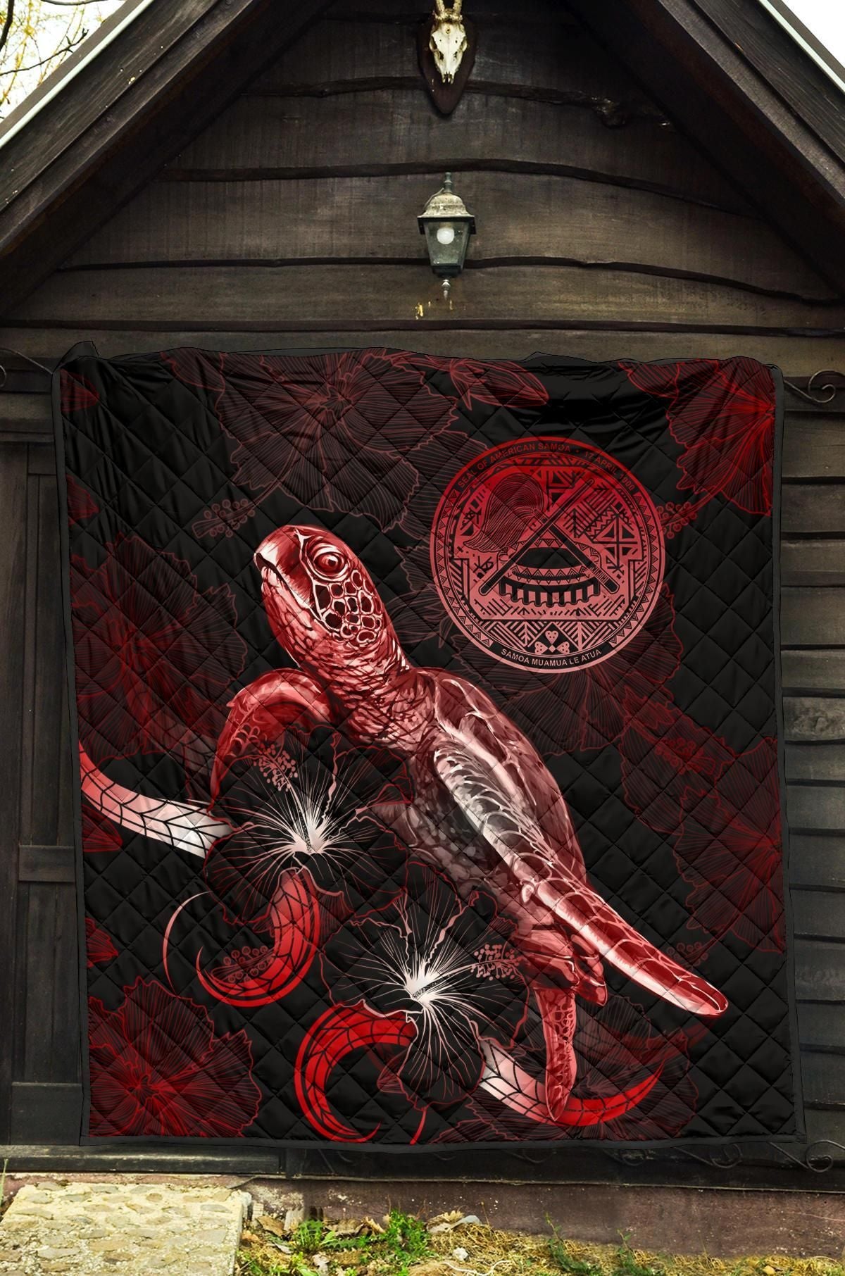 American Samoa Polynesian Premium Quilt - Turtle With Blooming Hibiscus Red