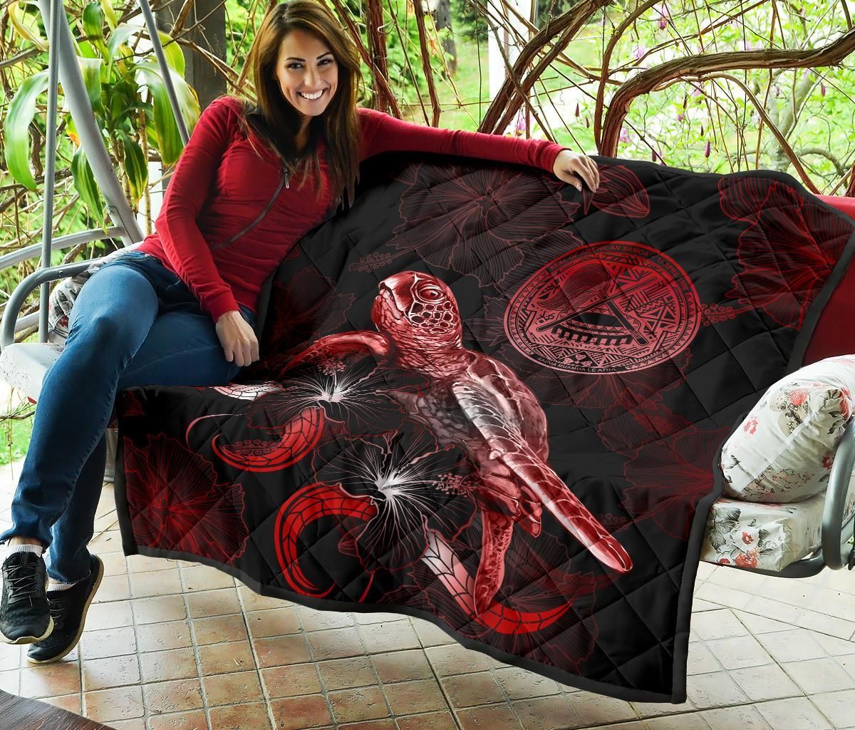 American Samoa Polynesian Premium Quilt - Turtle With Blooming Hibiscus Red
