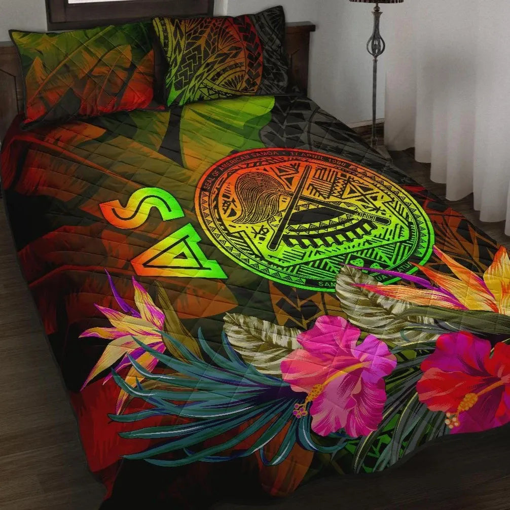 American Samoa Polynesian Quilt Bed Set - Hibiscus and Banana Leaves