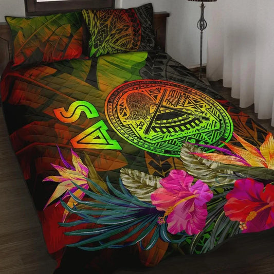 American Samoa Polynesian Quilt Bed Set - Hibiscus and Banana Leaves