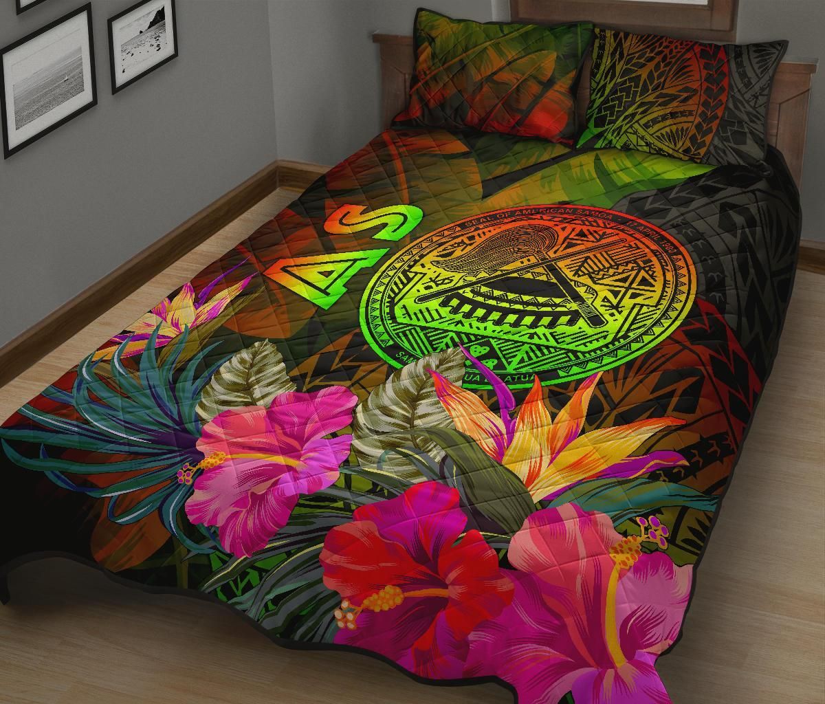 American Samoa Polynesian Quilt Bed Set - Hibiscus and Banana Leaves