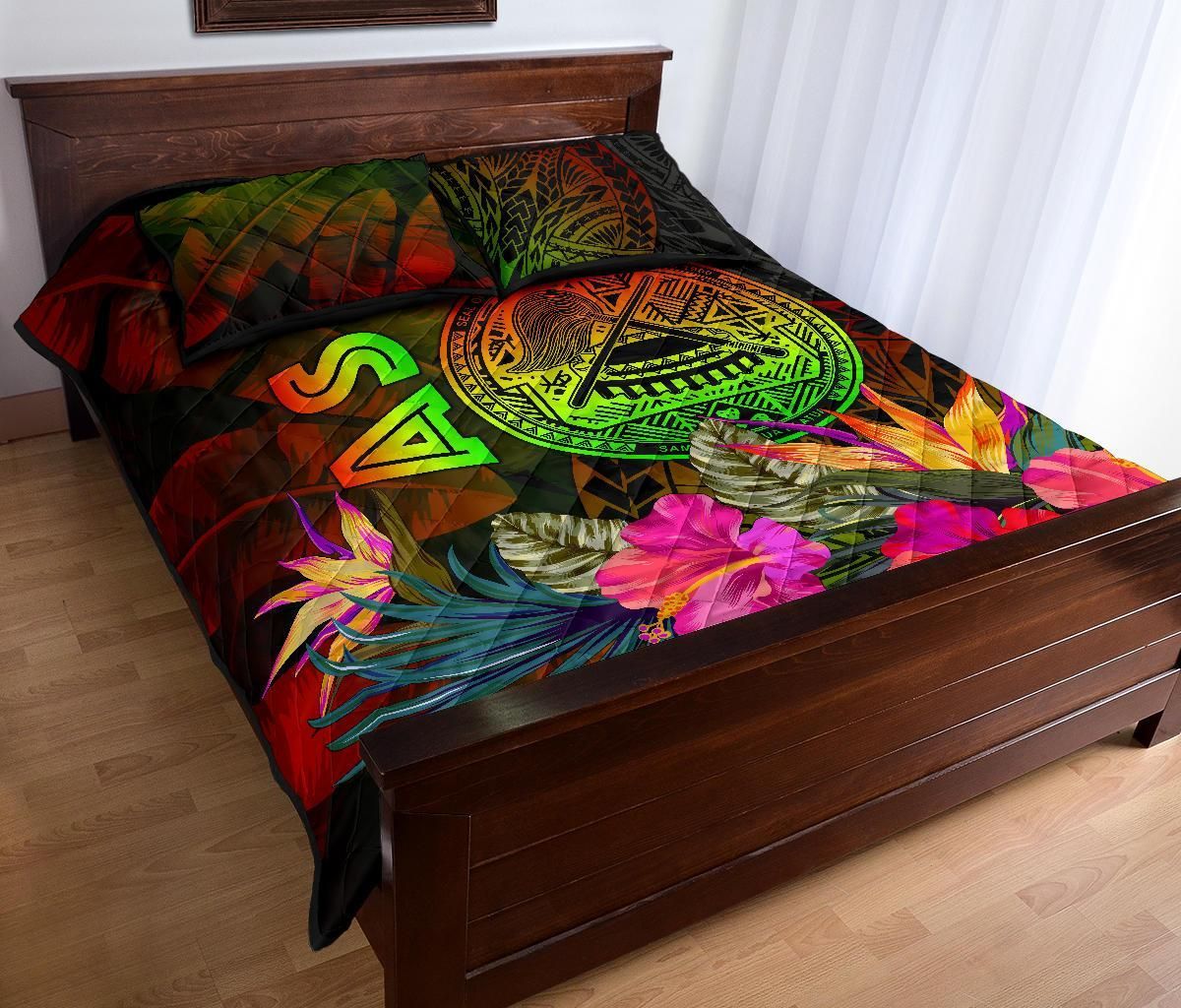 American Samoa Polynesian Quilt Bed Set - Hibiscus and Banana Leaves