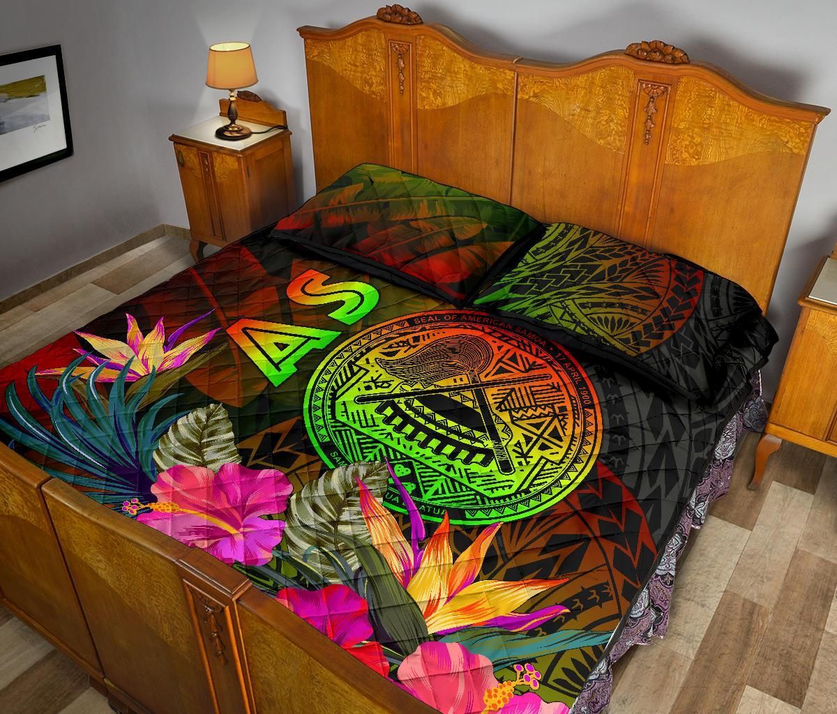 American Samoa Polynesian Quilt Bed Set - Hibiscus and Banana Leaves