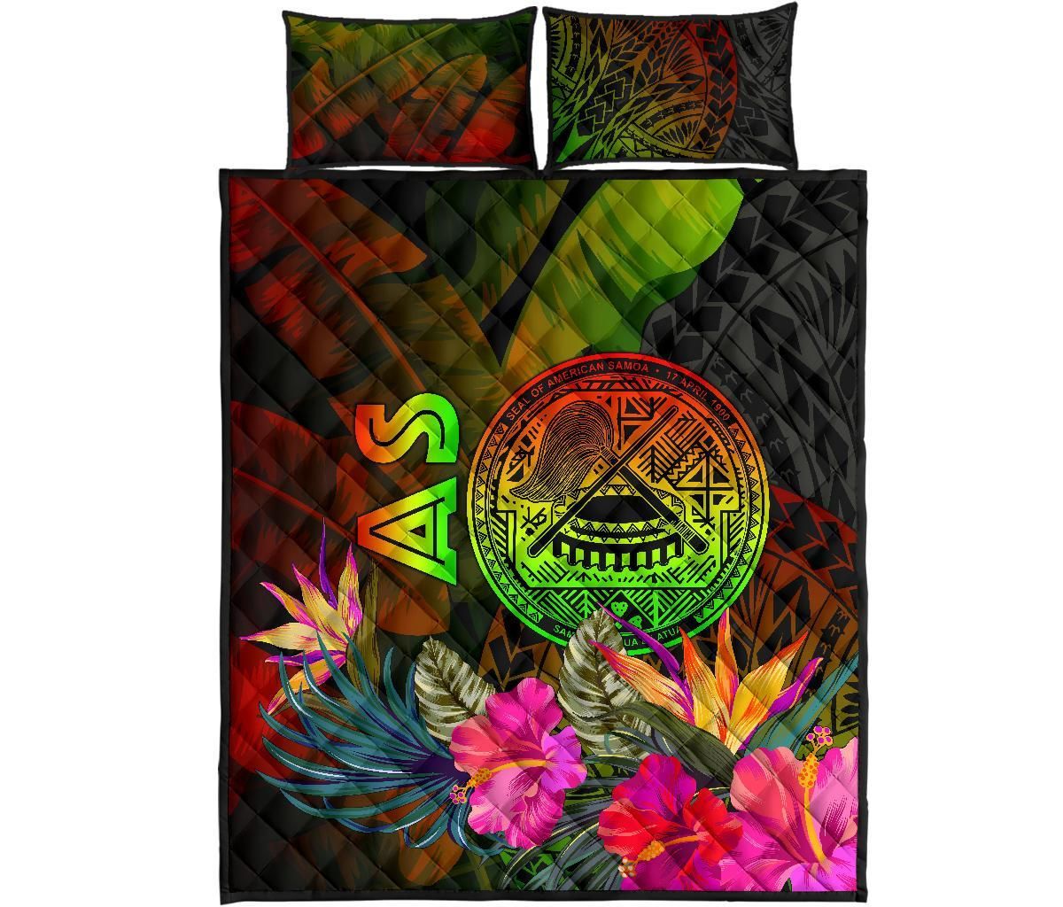 American Samoa Polynesian Quilt Bed Set - Hibiscus and Banana Leaves
