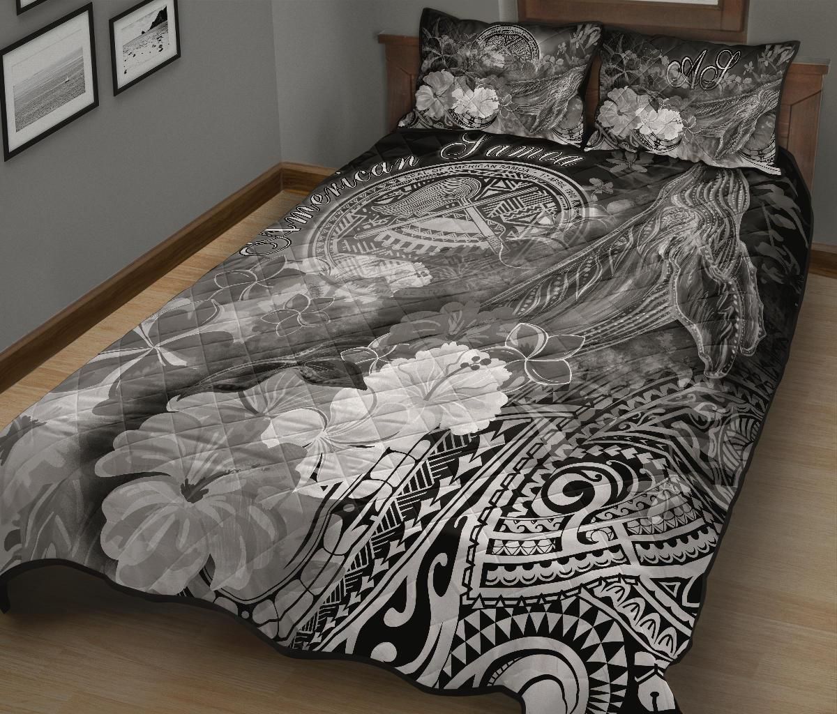 American Samoa Polynesian Quilt Bed Set - Humpback Whale with Tropical Flowers (White)