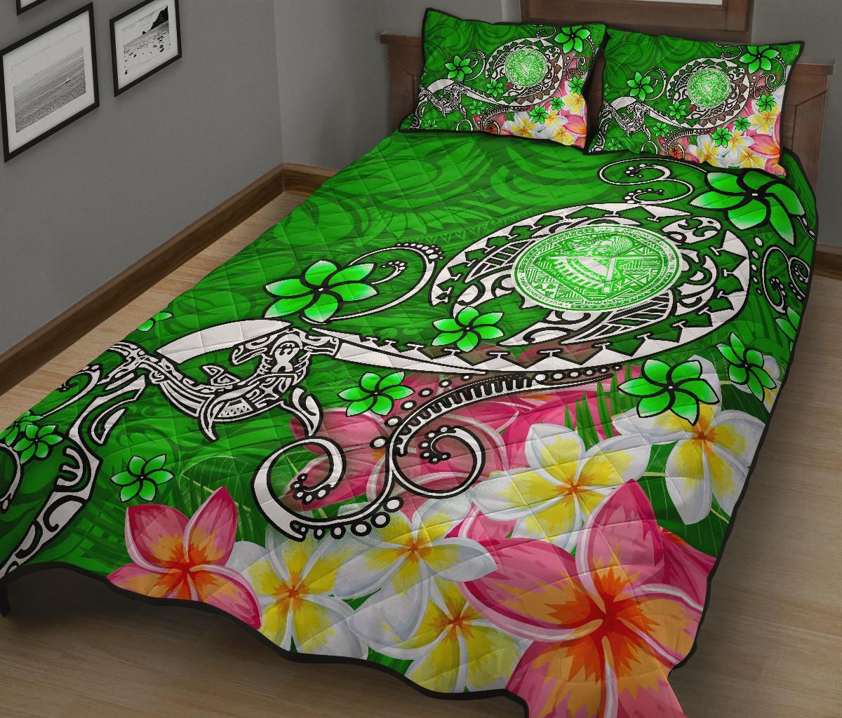 American Samoa Polynesian Quilt Bed Set - Turtle Plumeria (Green)