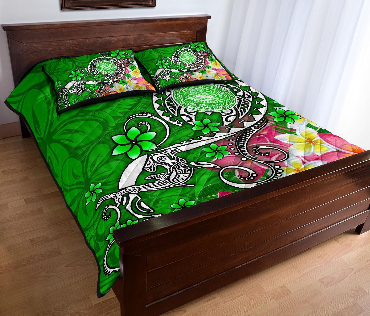 American Samoa Polynesian Quilt Bed Set - Turtle Plumeria (Green)