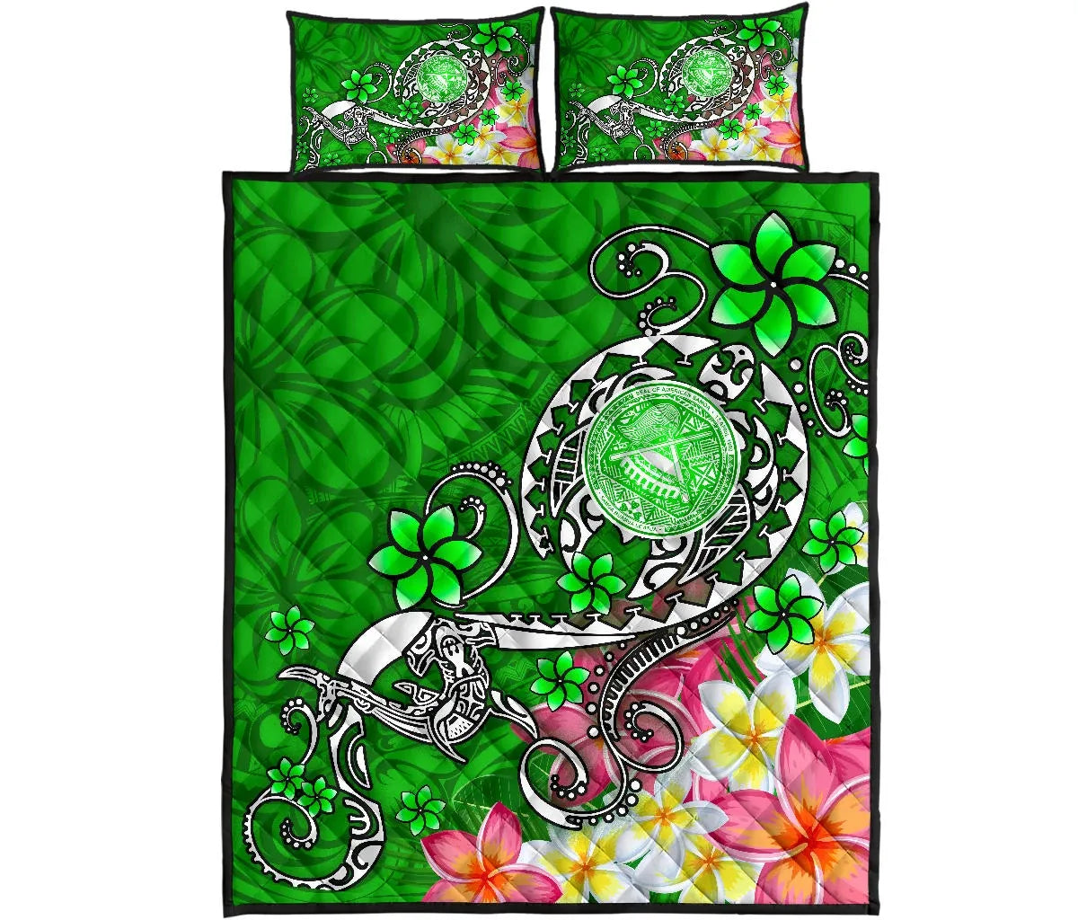 American Samoa Polynesian Quilt Bed Set - Turtle Plumeria (Green)