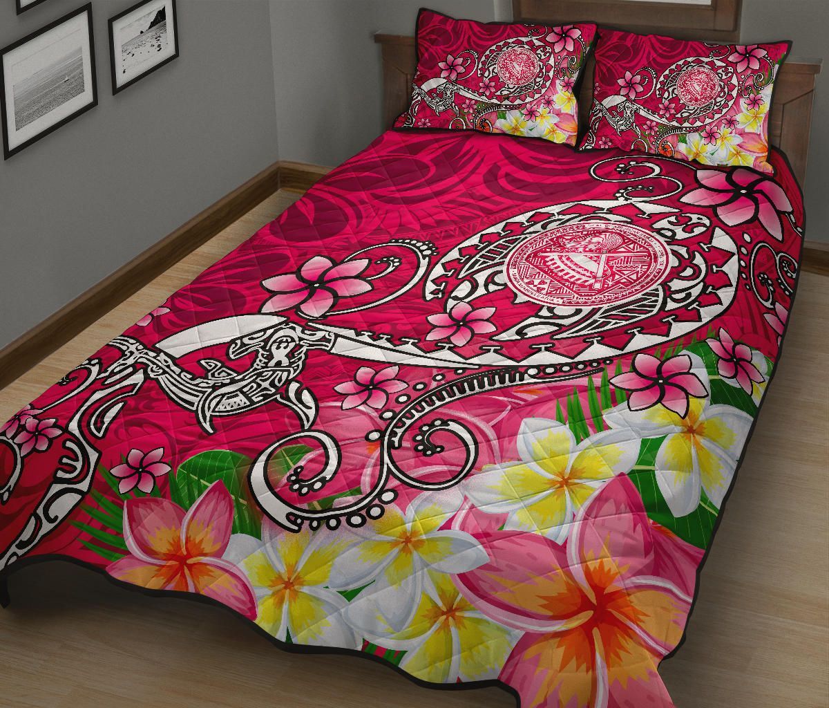 American Samoa Polynesian Quilt Bed Set - Turtle Plumeria (Pink)